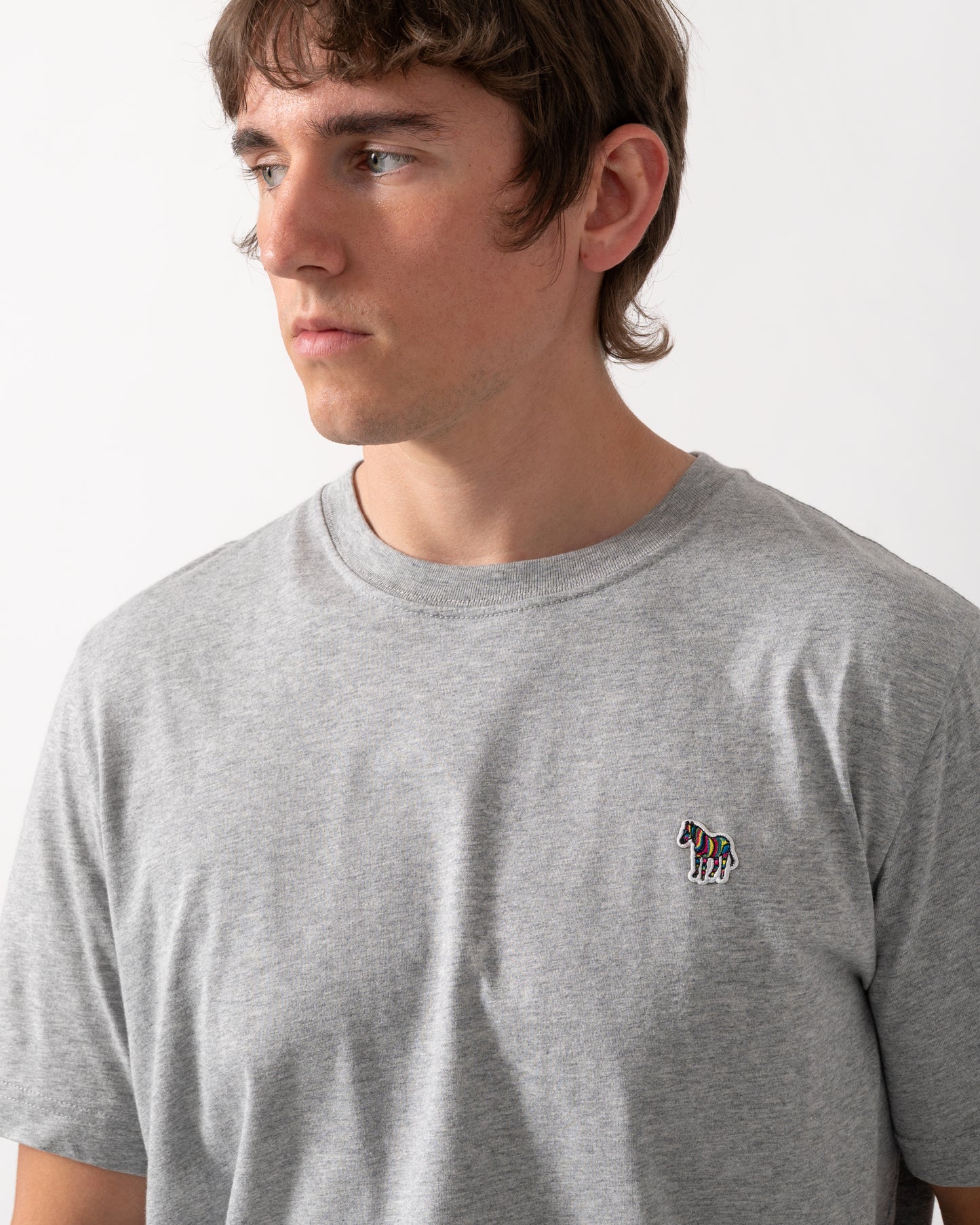 close up model wearing a PS Paul Smith Mens Regular Fit Zebra Logo T-Shirt in 72 Grey