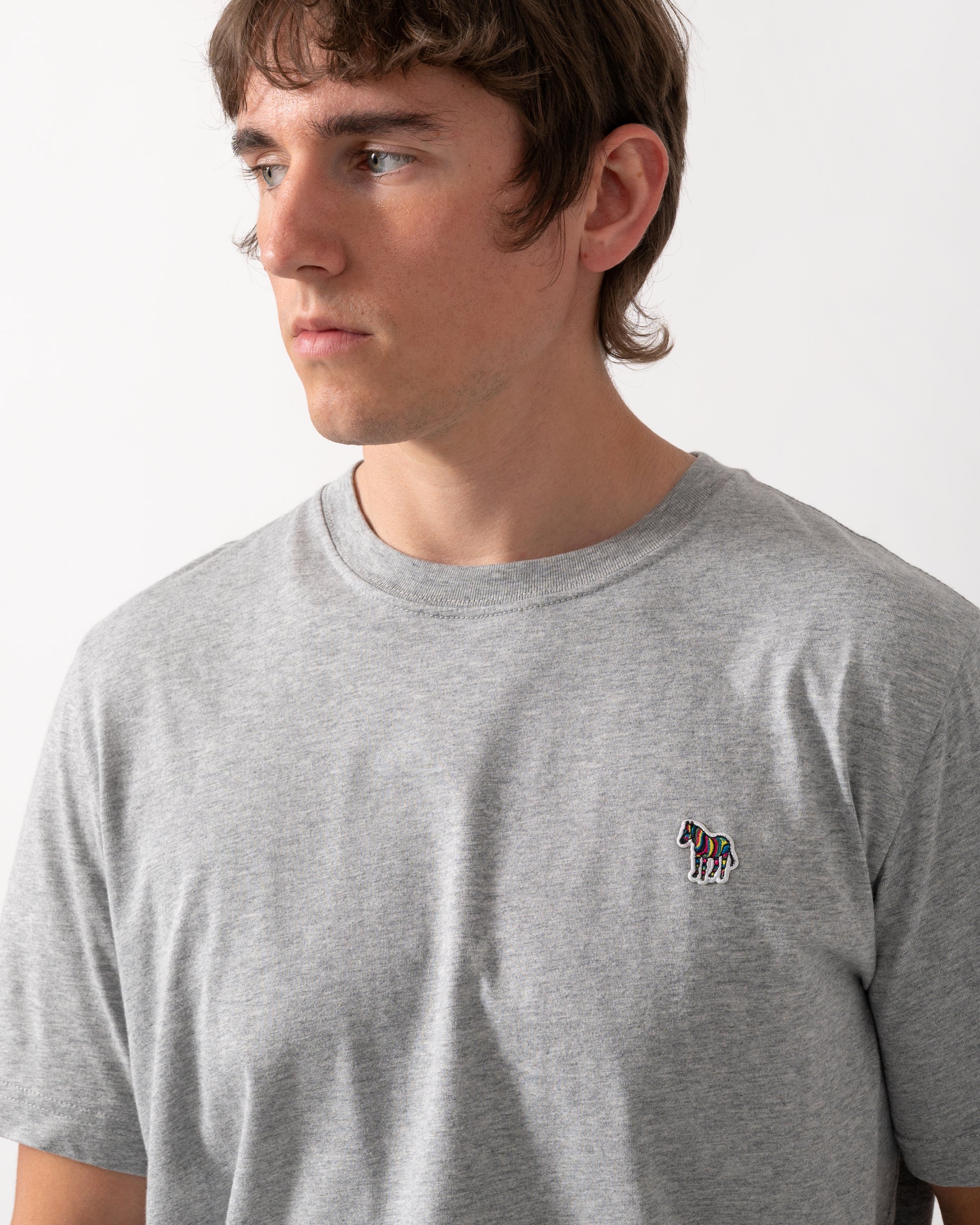 close up model wearing a PS Paul Smith Mens Regular Fit Zebra Logo T-Shirt in 72 Grey