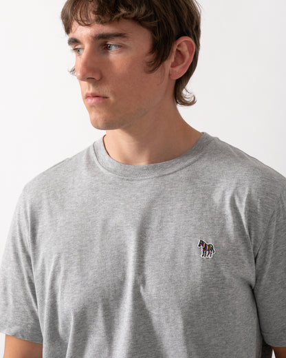 close up model wearing a PS Paul Smith Mens Regular Fit Zebra Logo T-Shirt in 72 Grey