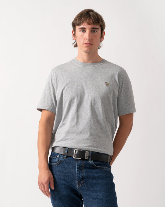 model wearing a PS Paul Smith Mens Regular Fit Zebra Logo T-Shirt in 72 Grey
