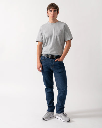 full length of model wearing a PS Paul Smith Mens Regular Fit Zebra Logo T-Shirt in 72 Grey