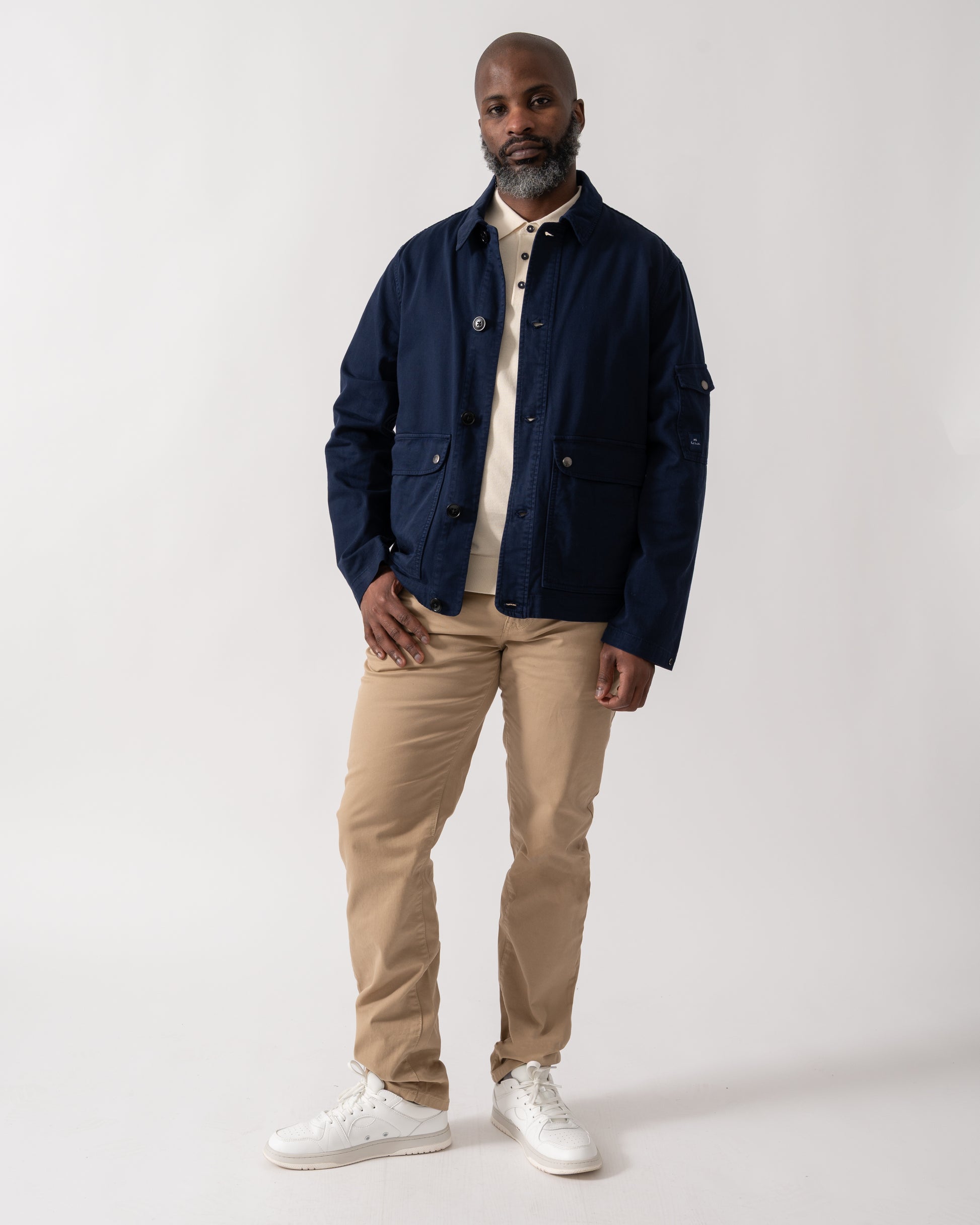 full length shot of model wearing a PS Paul Smith Mens Shirt Jacket in Blue