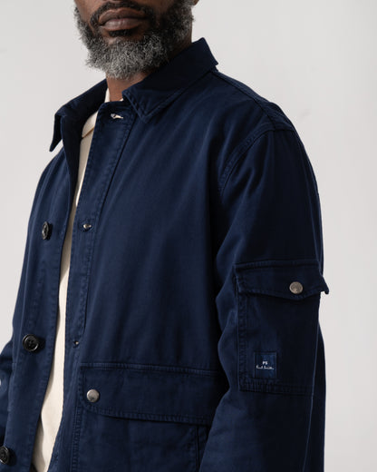 detail shot of model wearing a PS Paul Smith Mens Shirt Jacket in Blue