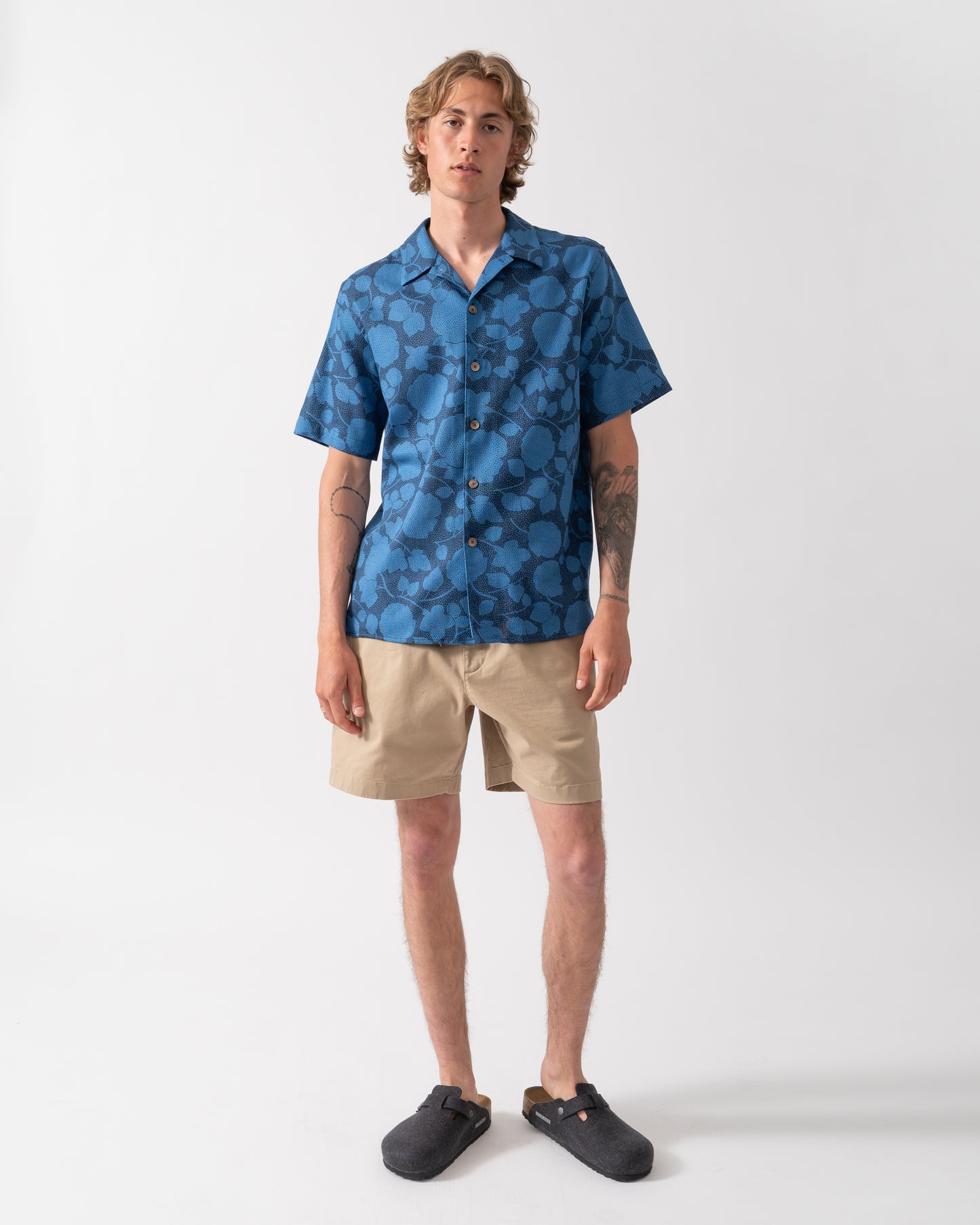 full length of model wearing a PS Paul Smith Mens Short Sleeve Casual Fit Shirt in 47 Blue