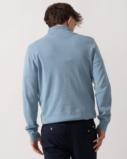 Back detail of a Model wearing a PS Paul Smith Mens Sweater Zip Neck Zebera Badge in Blue