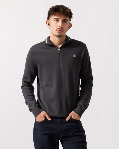 Model wearing a PS Paul Smith Mens Sweater Zip Neck Zebera Badge in Grey