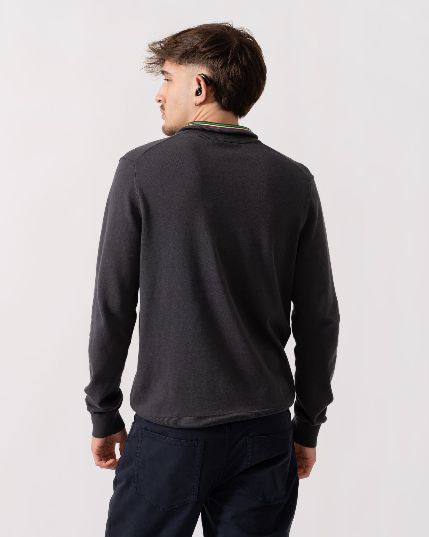 Back shot of a Model wearing a PS Paul Smith Mens Sweater Zip Neck Zebera Badge in Grey