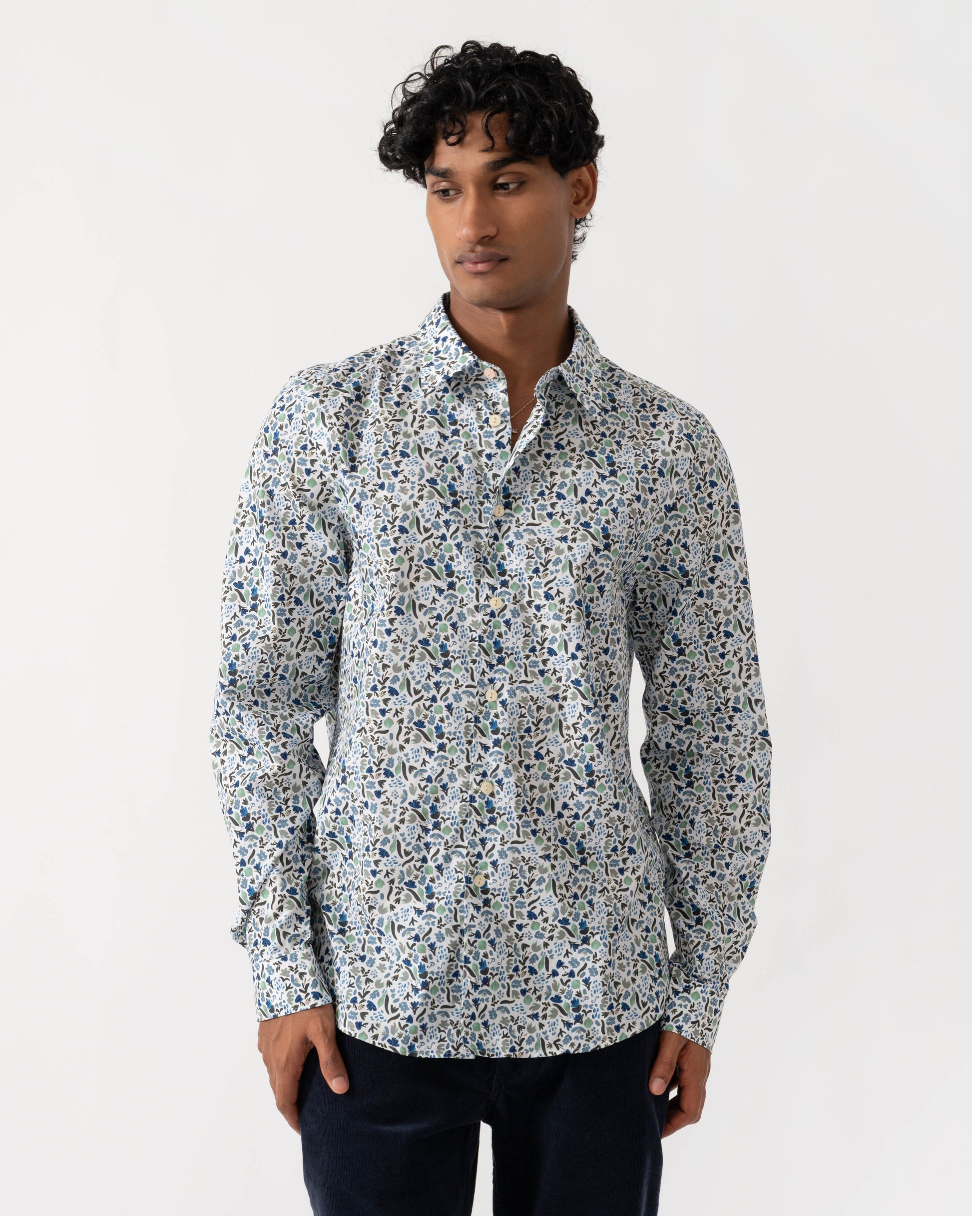 Front of PS Paul Smith Mens Tailored Fit Long Sleeve Floral Pattern Shirt - 01 White