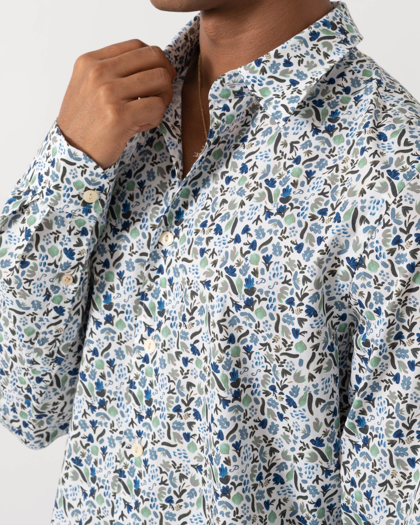 Close up of PS Paul Smith Mens Tailored Fit Long Sleeve Floral Pattern Shirt - 01 White