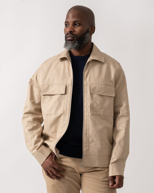 model wearing a PS Paul Smith Mens Zip Overshirt in Ecru