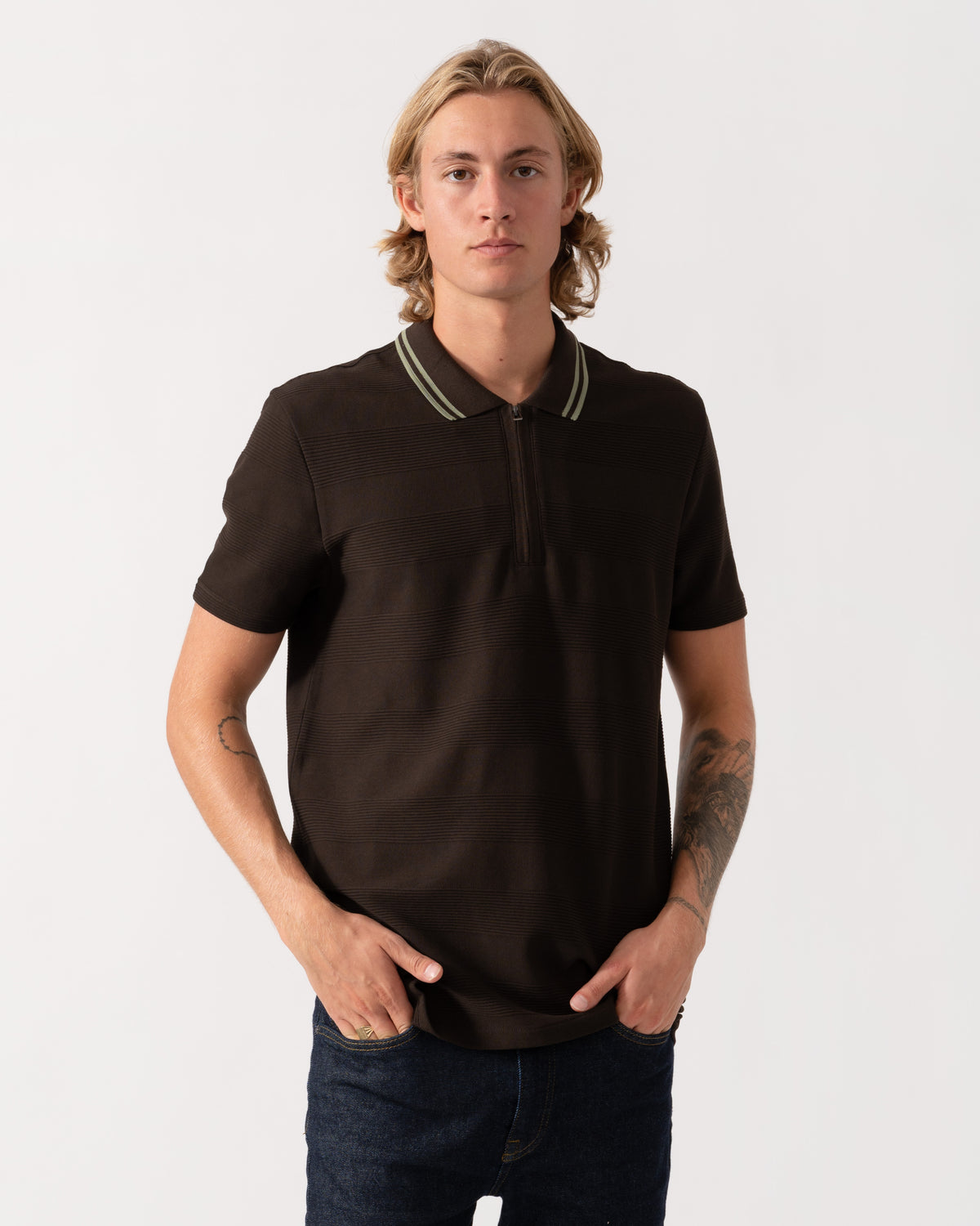Front of the PS Paul Smith Mens Zip Polo Shirt with Tipped Collar - 69 Dark Brown