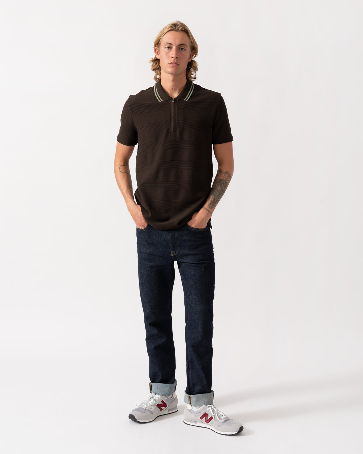 Model wearing the PS Paul Smith Mens Zip Polo Shirt with Tipped Collar - 69 Dark Brown
