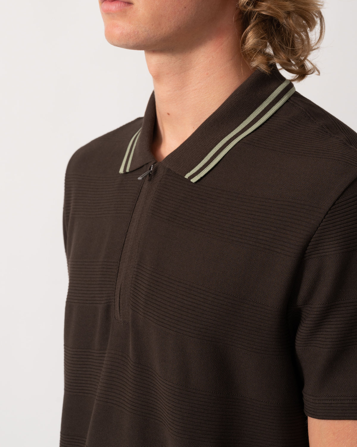 Zip detail on the PS Paul Smith Mens Zip Polo Shirt with Tipped Collar - 69 Dark Brown