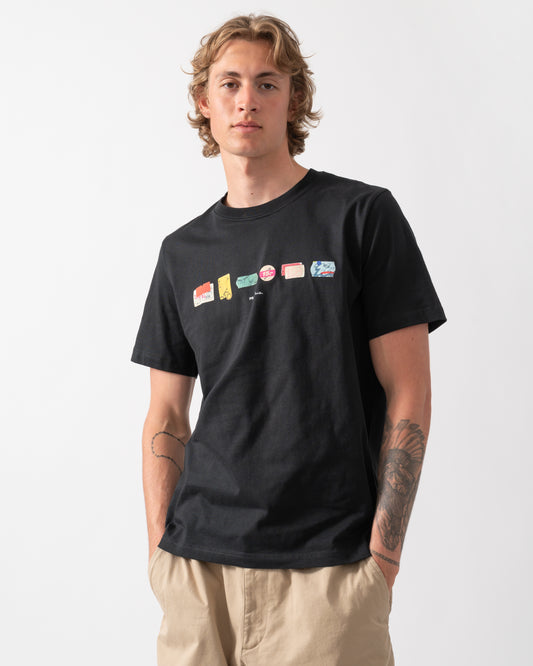 model wearing a PS Paul Smith Mens "In A Row" Graphic T-Shirt in 79 Black 