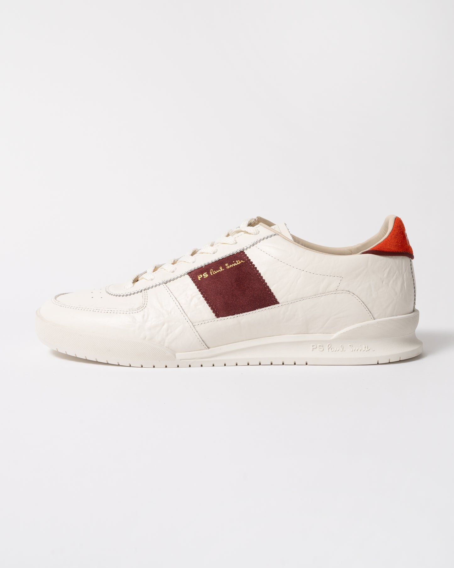 side of a pair of a PS Paul Smith Rye Leather Mens Trainer in 01 White