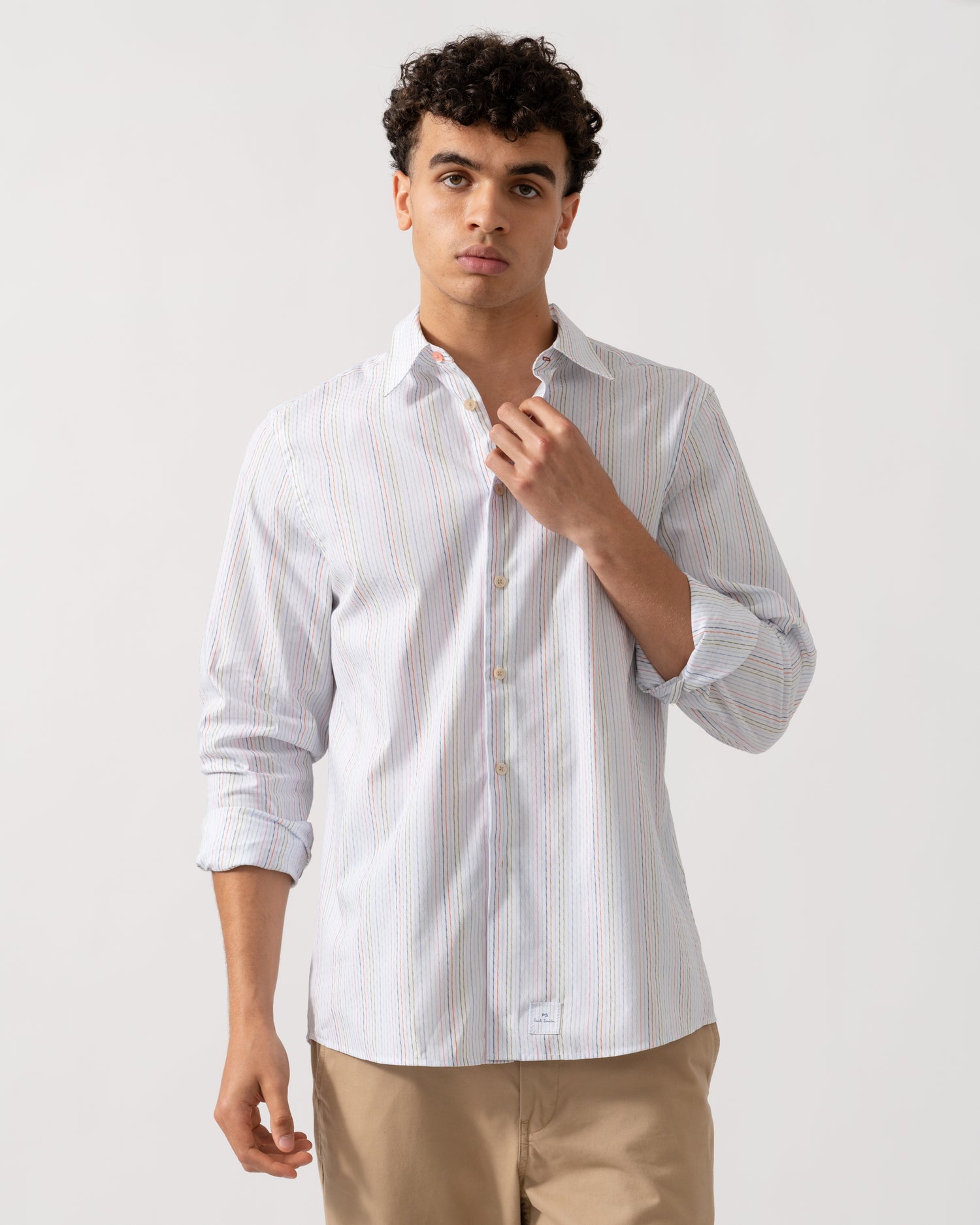 PS Paul Smith Mens Long Sleeve Regular Fit Striped Shirt - 92 Multi Coloured - CHO - Designer Mens Long Sleeve Shirts