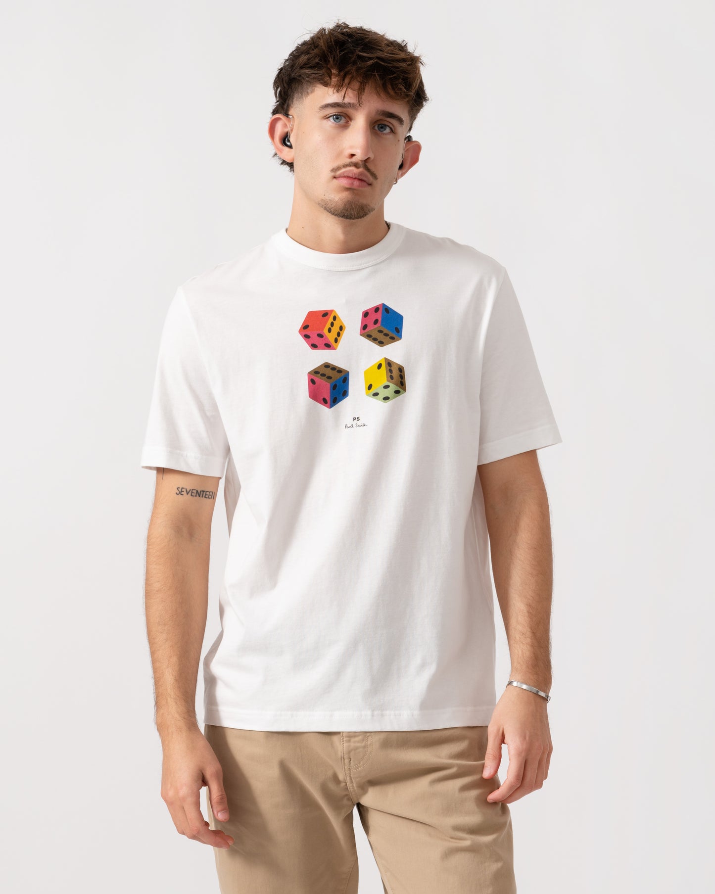 Model wearing PS Paul Smith Mens Casual Fit Dice Graphic T-Shirt in 02 White - front