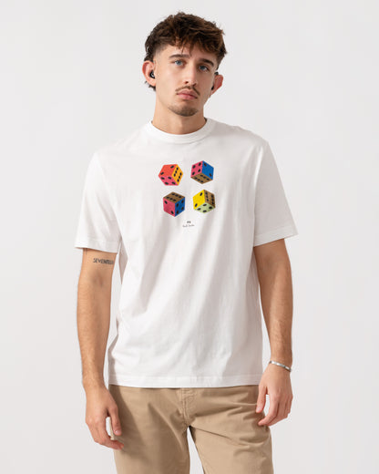 Model wearing PS Paul Smith Mens Casual Fit Dice Graphic T-Shirt in 02 White - front