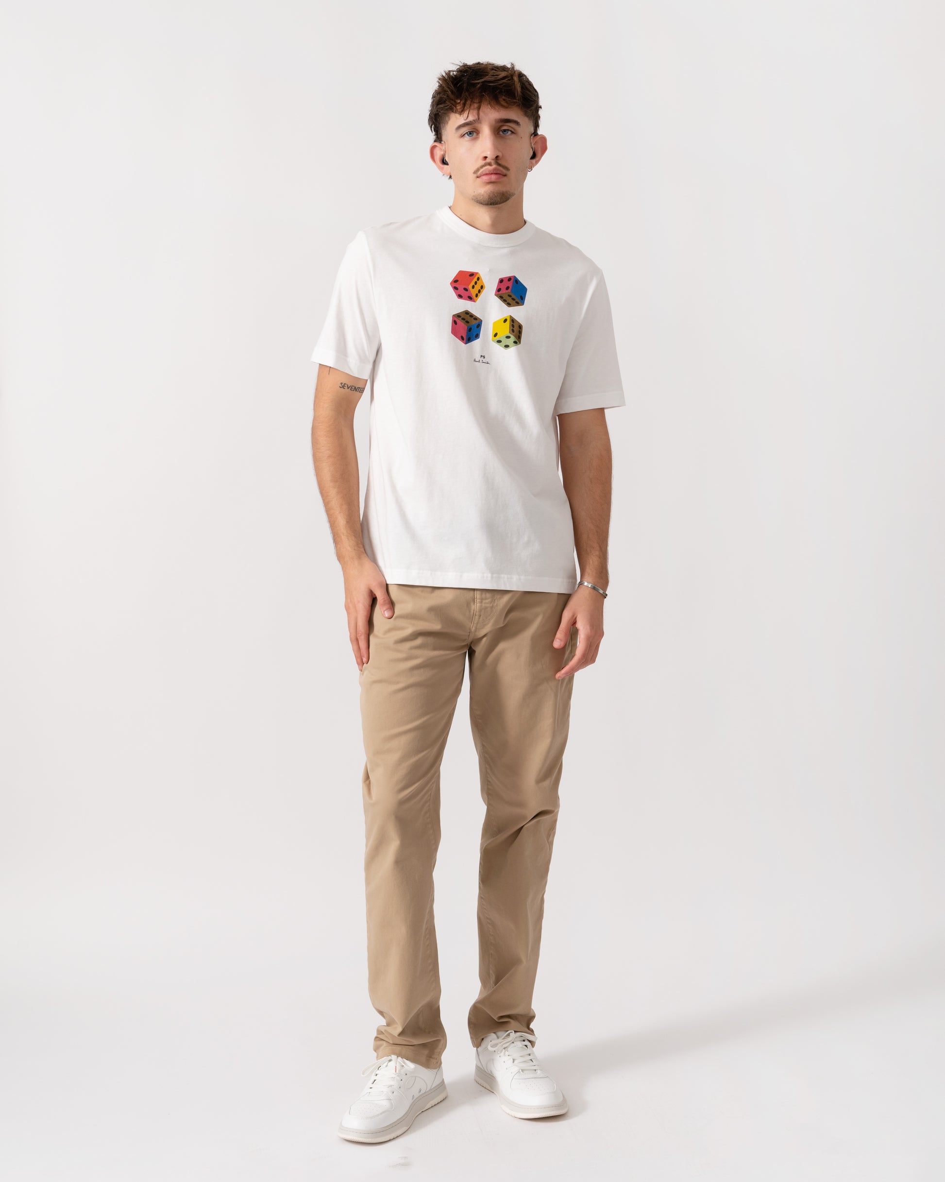 Model wearing PS Paul Smith Mens Casual Fit Dice Graphic T-Shirt in 02 White - full length