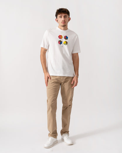 Model wearing PS Paul Smith Mens Casual Fit Dice Graphic T-Shirt in 02 White - full length