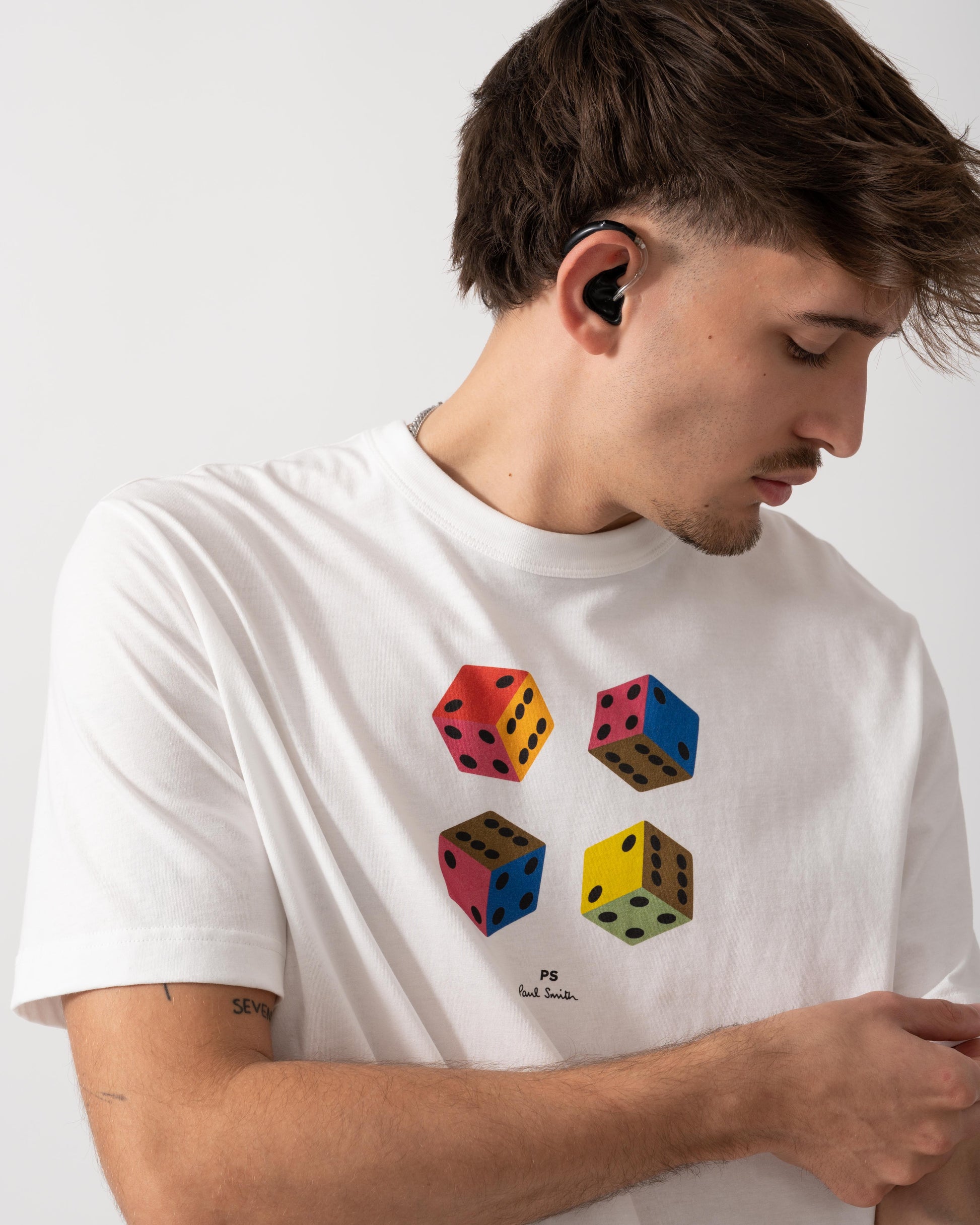 Model wearing PS Paul Smith Mens Casual Fit Dice Graphic T-Shirt in 02 White - detail
