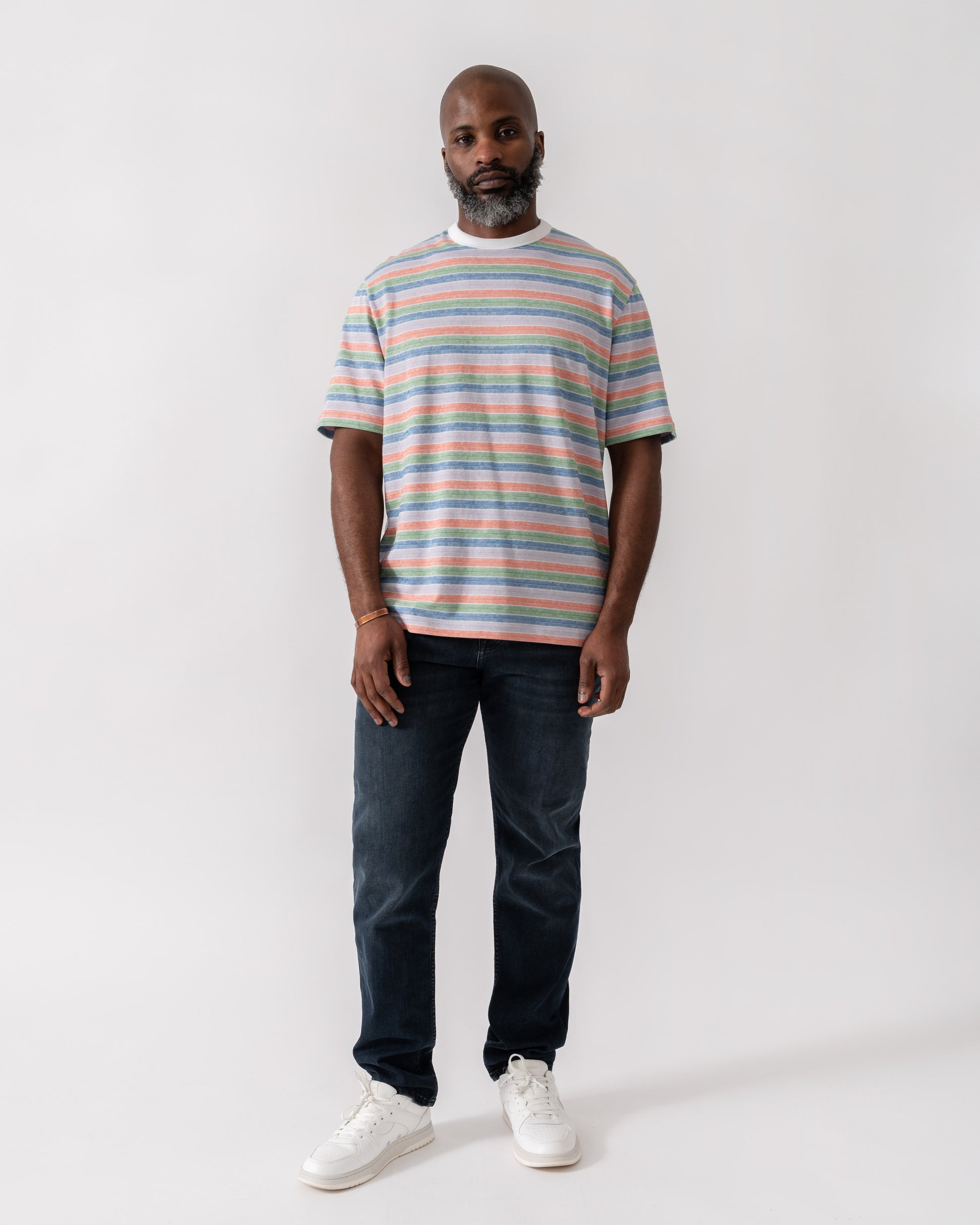 Model wearing PS Paul Smith Mens Casual Fit Short Sleeve T-Shirt in 92A Multicolour - Full Length