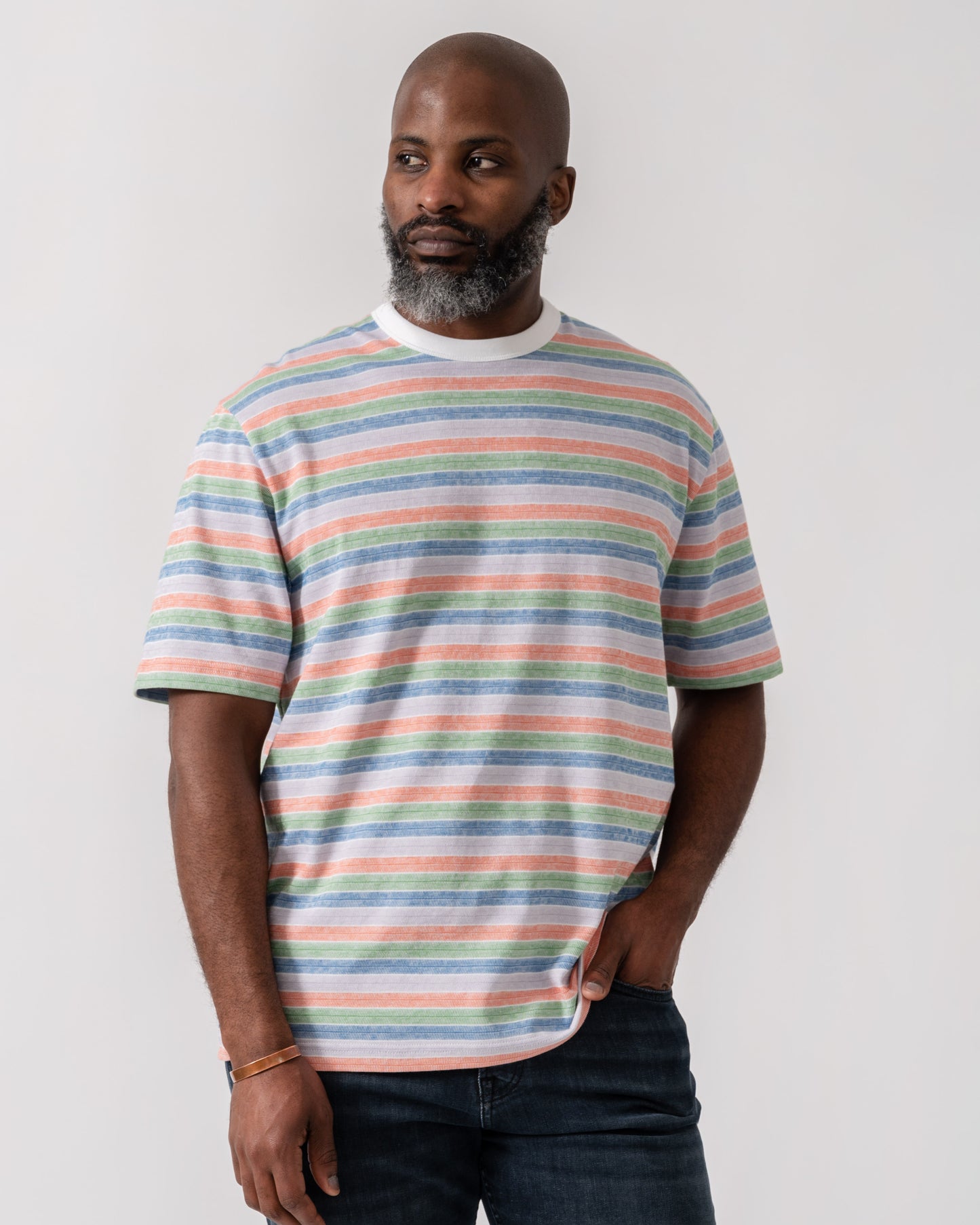 Model wearing PS Paul Smith Mens Casual Fit Short Sleeve T-Shirt in 92A Multicolour - Main