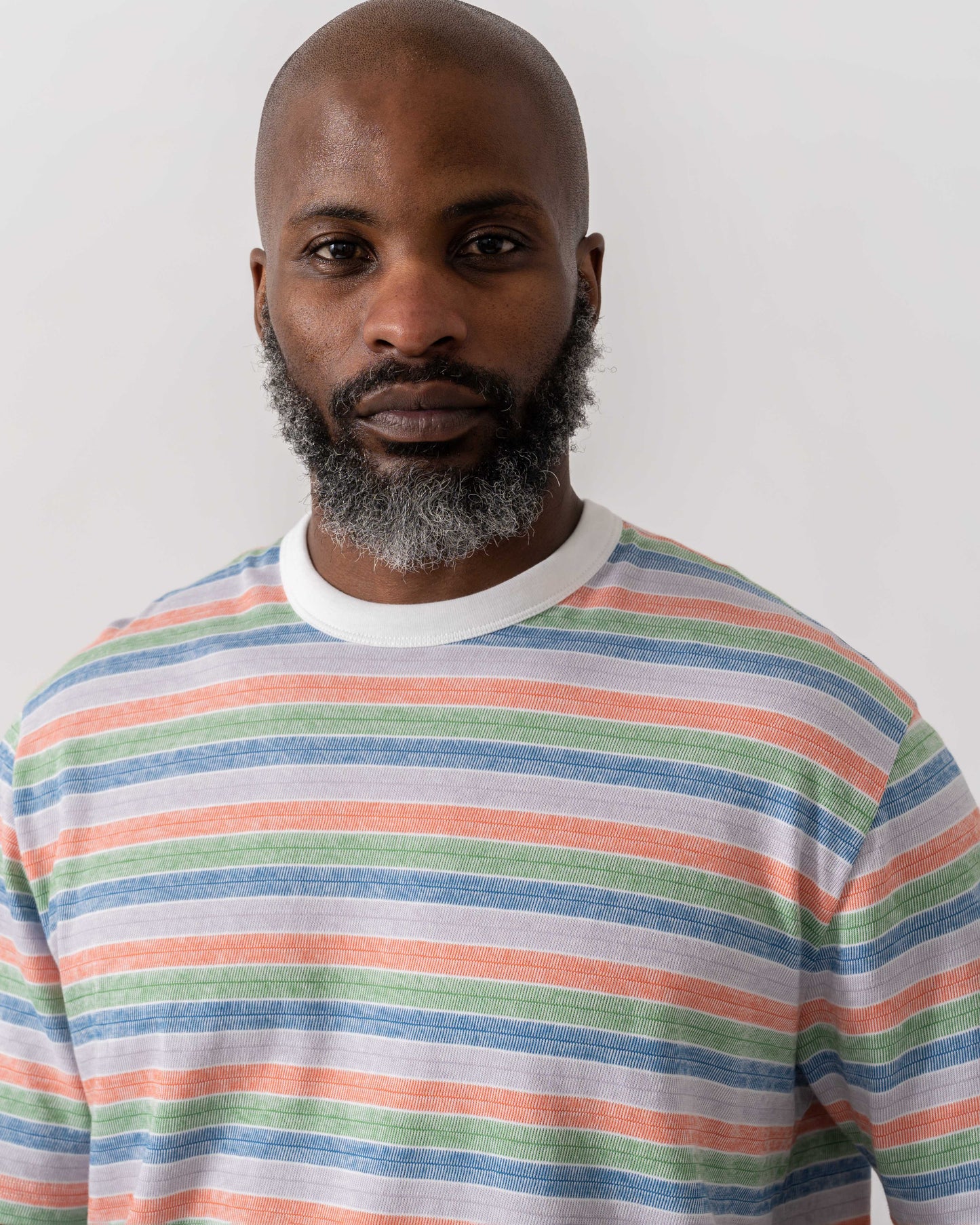 Model wearing PS Paul Smith Mens Casual Fit Short Sleeve T-Shirt in 92A Multicolour - Detail
