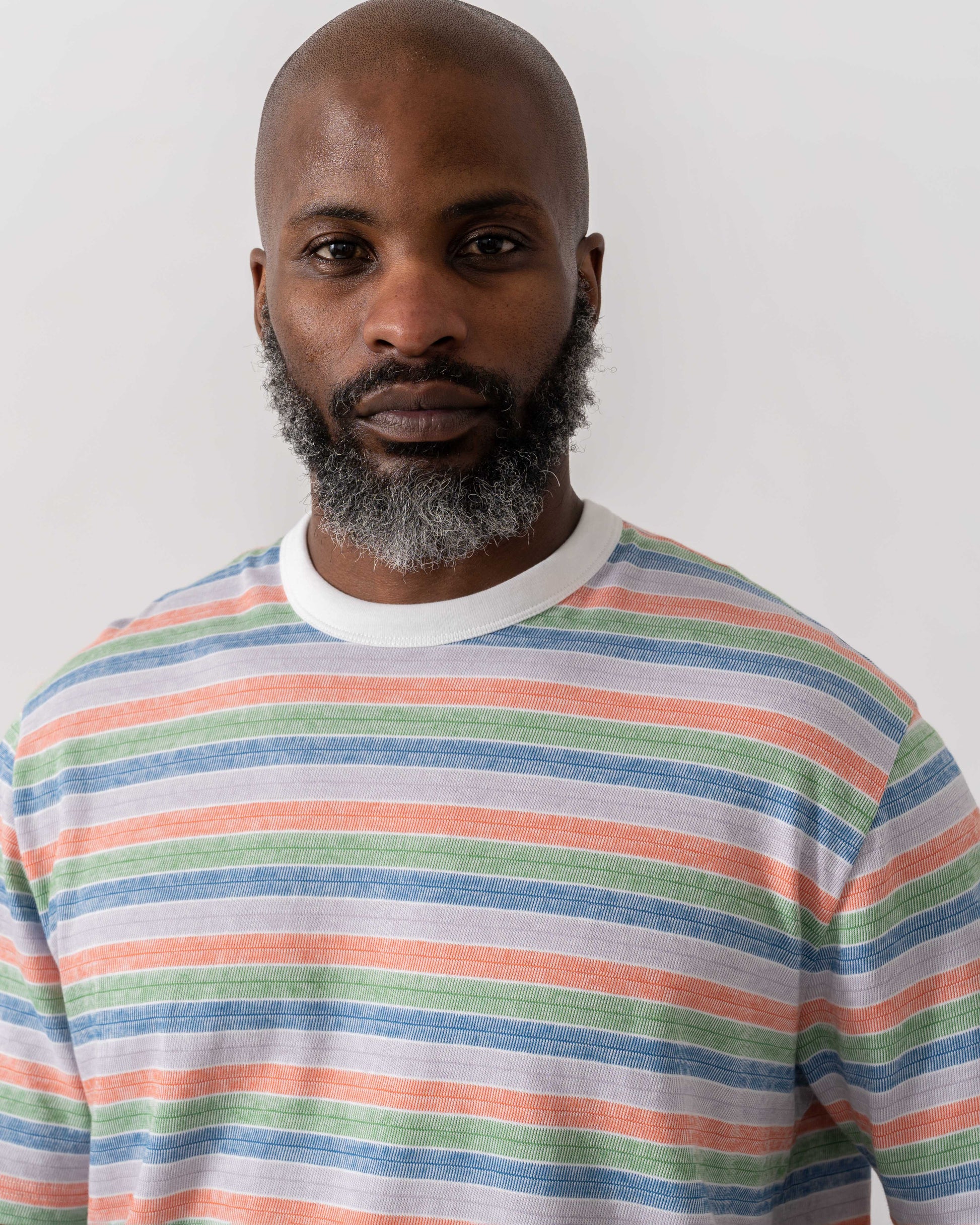 Model wearing PS Paul Smith Mens Casual Fit Short Sleeve T-Shirt in 92A Multicolour - Detail