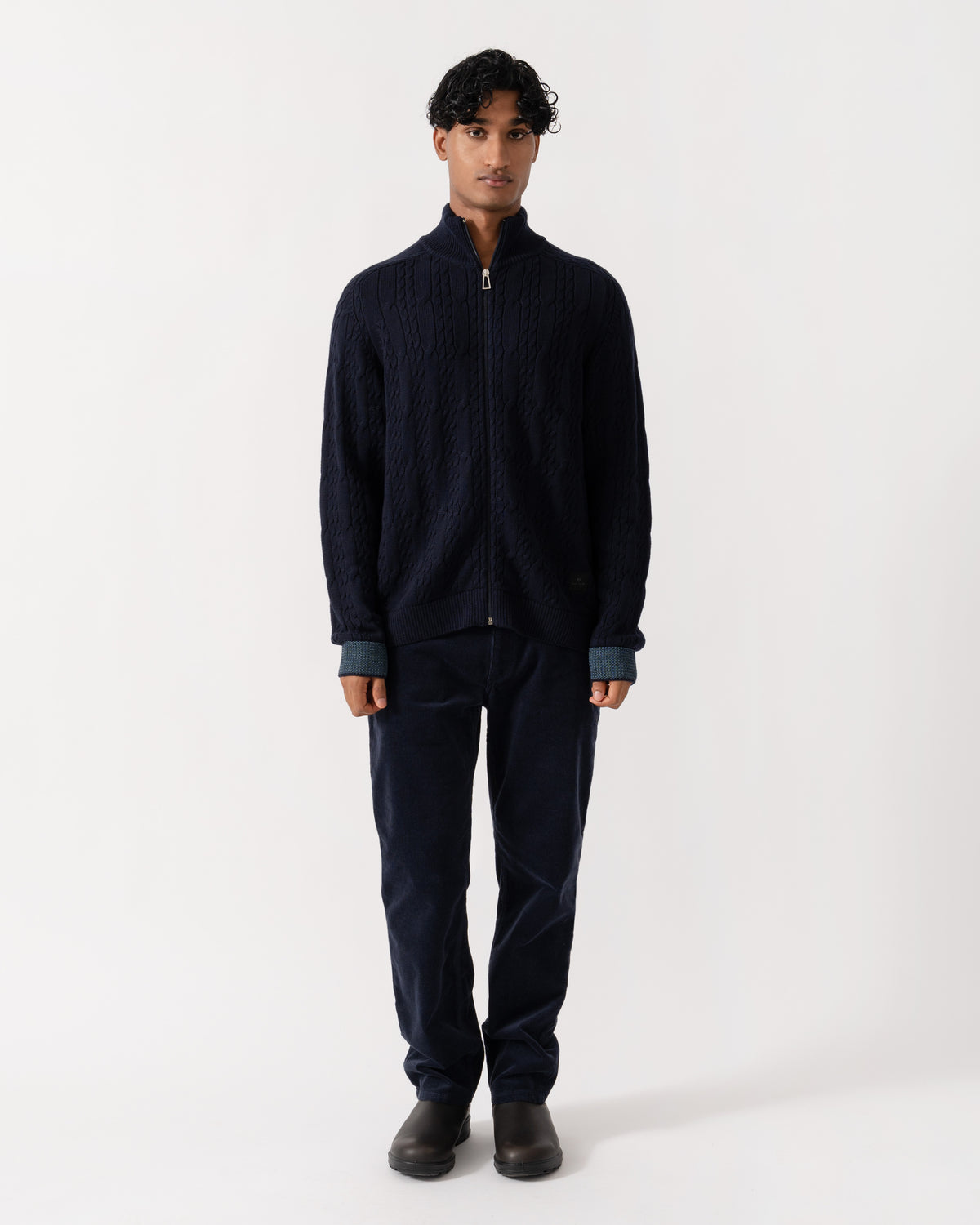 Man wearing PS Paul Smith Mens Full Zip Cable Knit Sweater - 49 Very Dark Navy