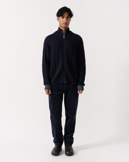 Man wearing PS Paul Smith Mens Full Zip Cable Knit Sweater - 49 Very Dark Navy