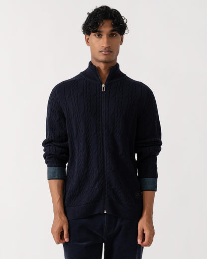Front of PS Paul Smith Mens Full Zip Cable Knit Sweater - 49 Very Dark Navy
