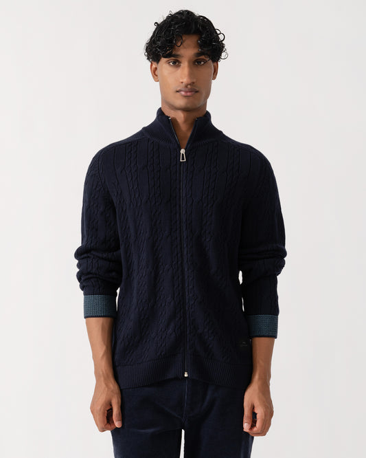 Front of PS Paul Smith Mens Full Zip Cable Knit Sweater - 49 Very Dark Navy