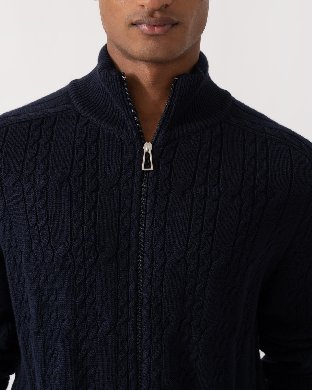 Zipper detail of PS Paul Smith Mens Full Zip Cable Knit Sweater - 49 Very Dark Navy