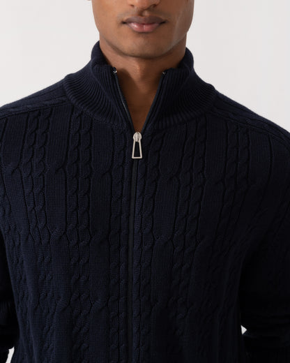Zipper detail of PS Paul Smith Mens Full Zip Cable Knit Sweater - 49 Very Dark Navy