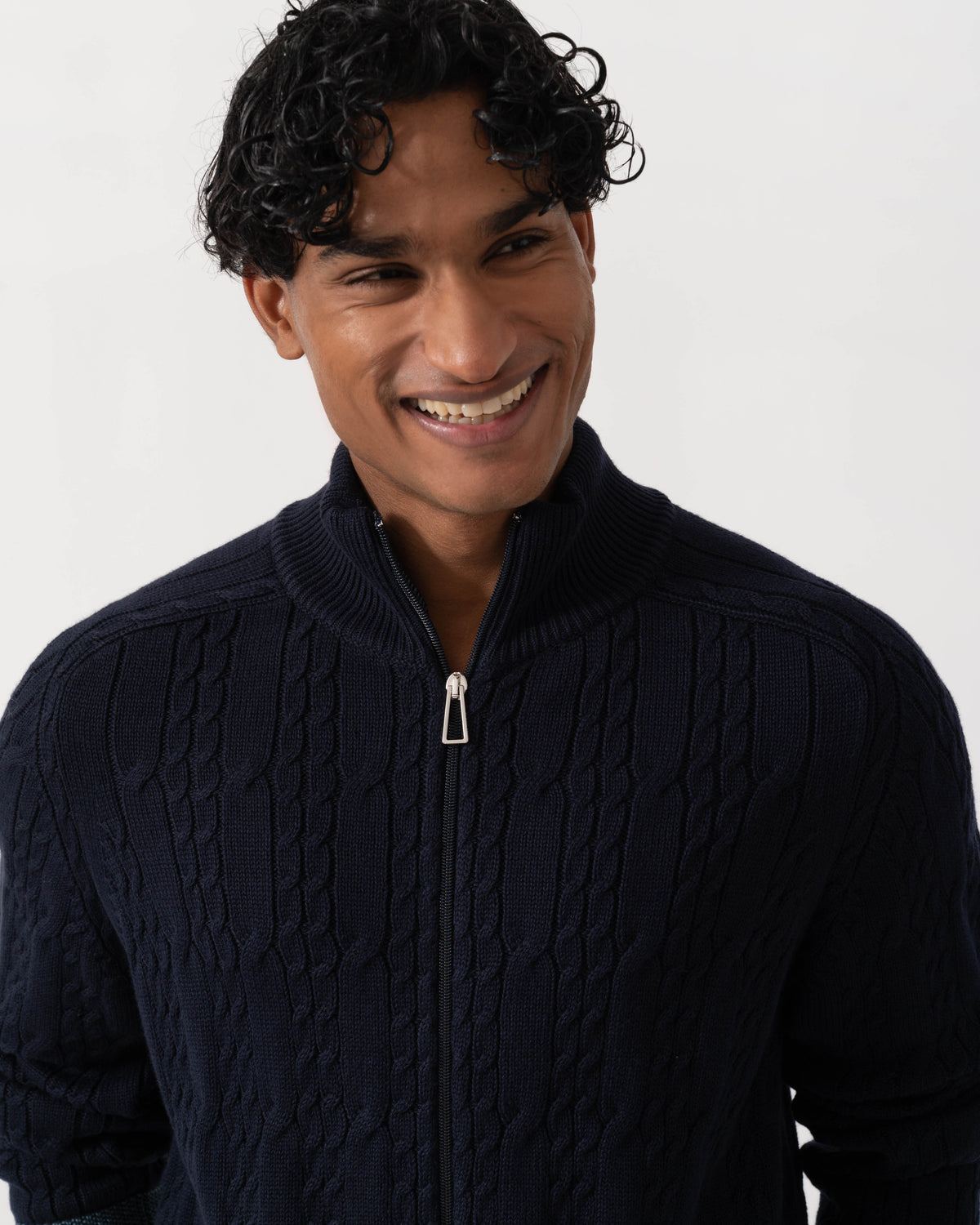 Collar detail of PS Paul Smith Mens Full Zip Cable Knit Sweater - 49 Very Dark Navy