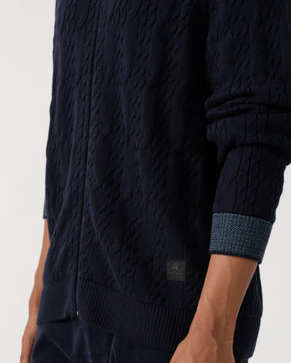Logo and cuff detail of PS Paul Smith Mens Full Zip Cable Knit Sweater - 49 Very Dark Navy