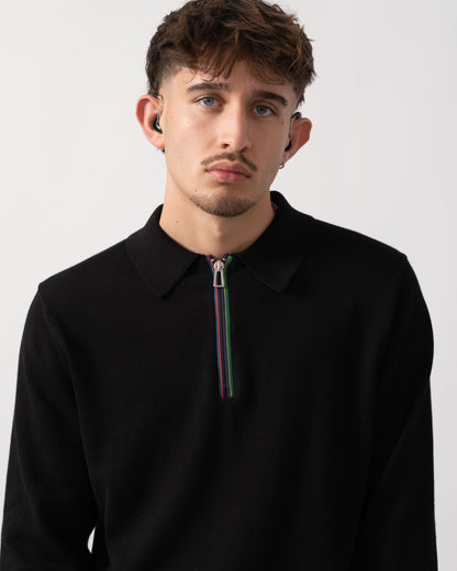Model wearing a PS Paul Smith Mens Long Sleeve Knit Polo in 79 Black - Detail