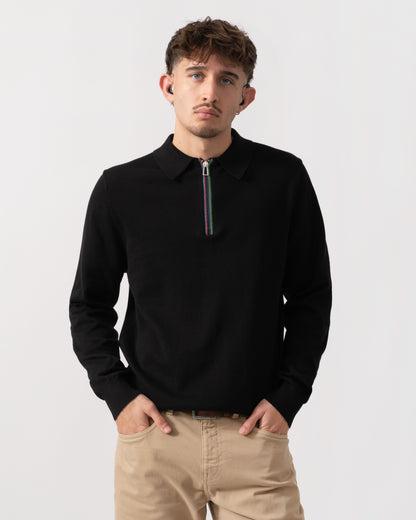 Model wearing a PS Paul Smith Mens Long Sleeve Knit Polo in 79 Black - Front