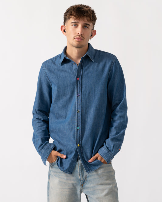 PS Paul Smith Mens Long Sleeve Tailored Fit Shirt with Signature Stripe Buttons - MD Medium Base