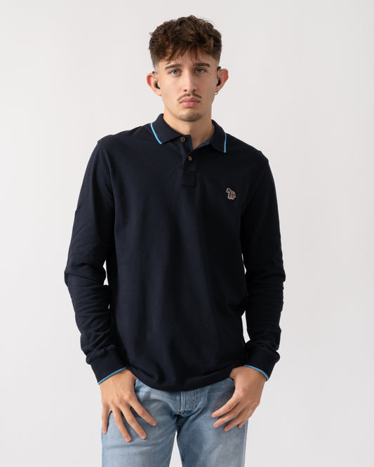 PS Paul Smith Mens Long Sleeve Zebra Badge Polo - 49 Very Dark Navy