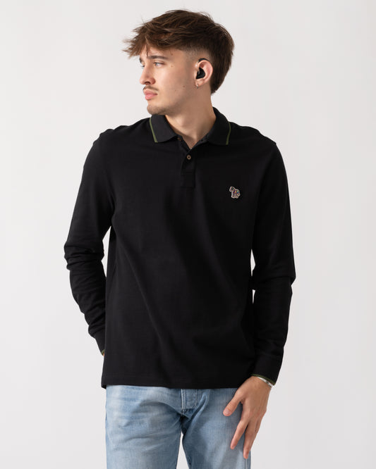 PS Paul Smith Mens Long Sleeve Zebra Badge Polo - 79 Black
