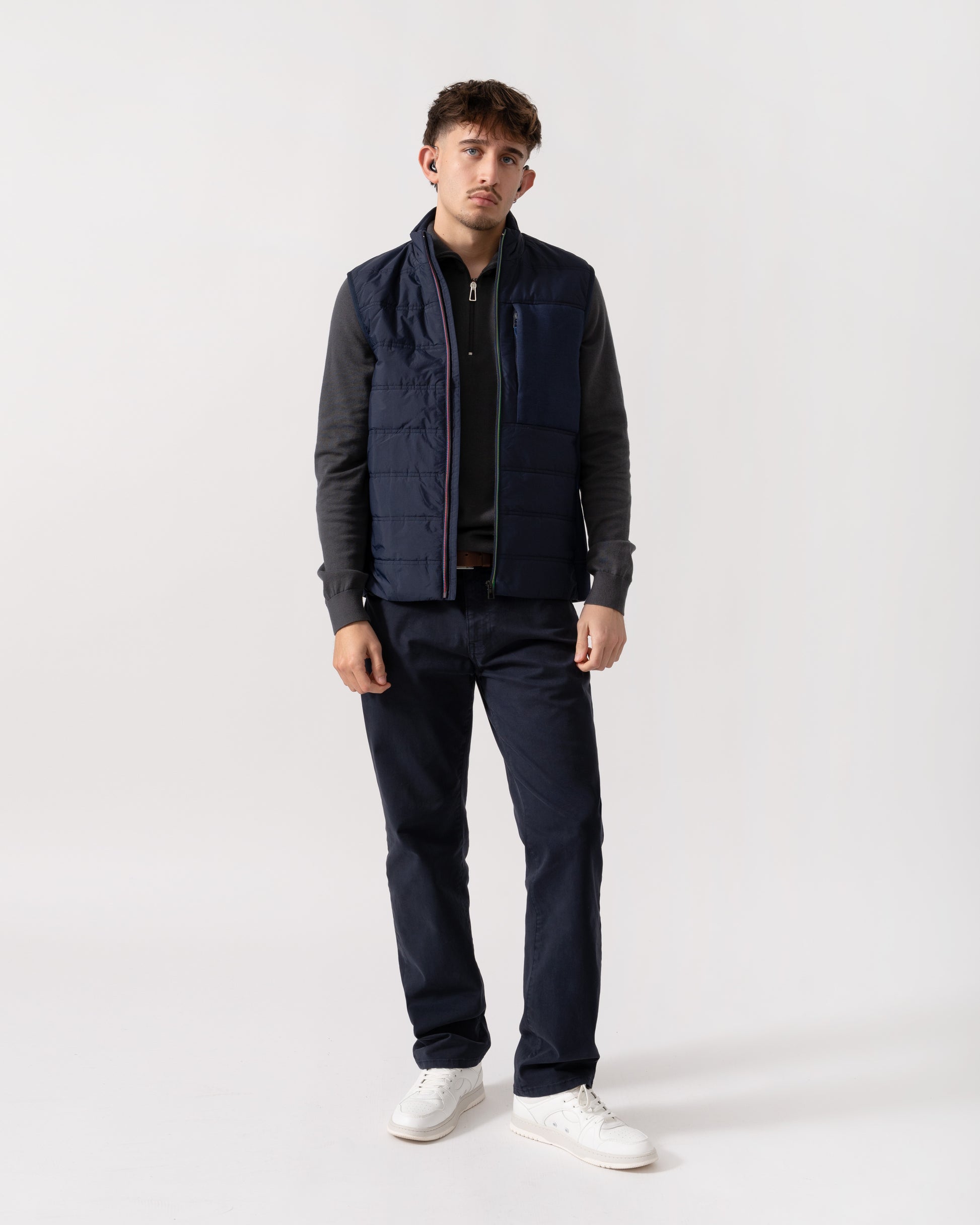 Model wearing PS Paul Smith Mens Mixed Media Gilet in 49 Very Dark Navy - full length