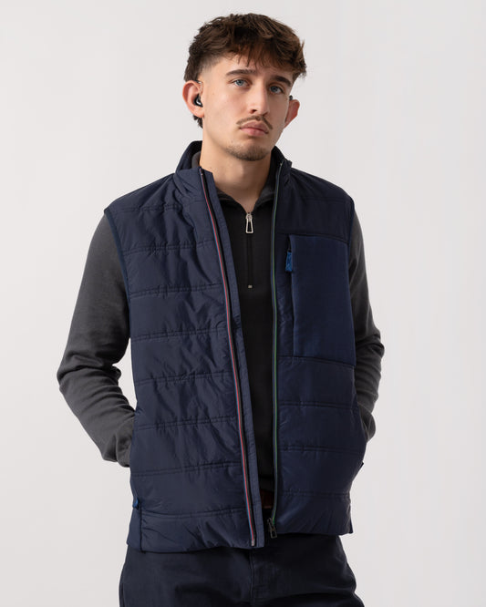 Model wearing PS Paul Smith Mens Mixed Media Gilet in 49 Very Dark Navy - Main