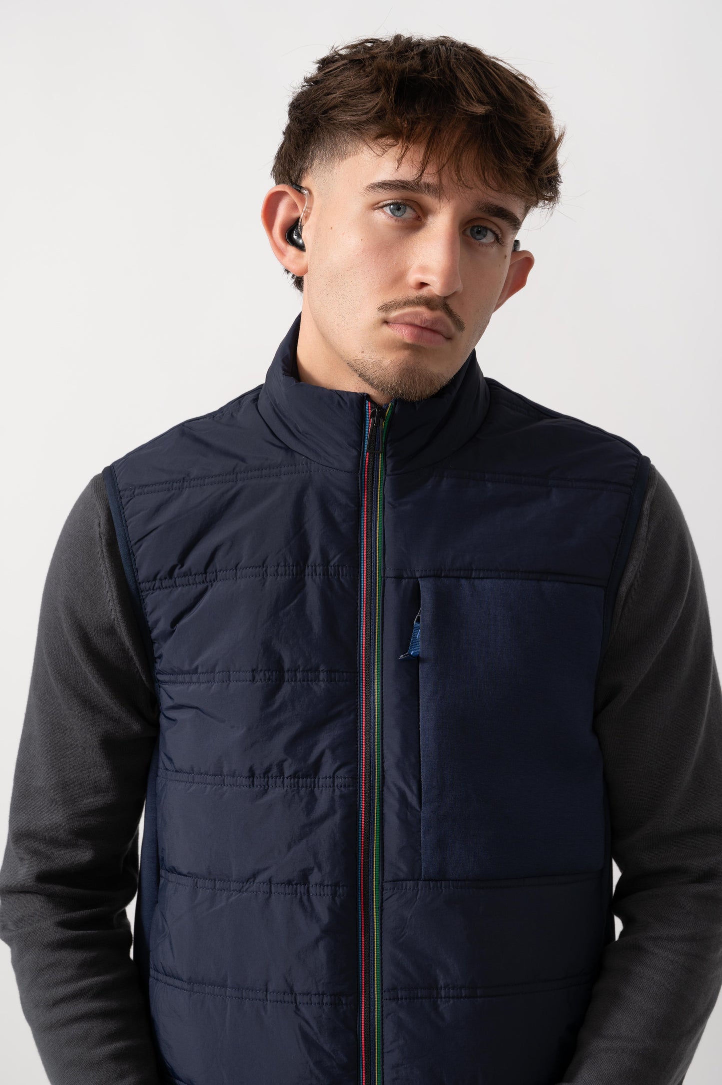 Model wearing PS Paul Smith Mens Mixed Media Gilet in 49 Very Dark Navy - detail