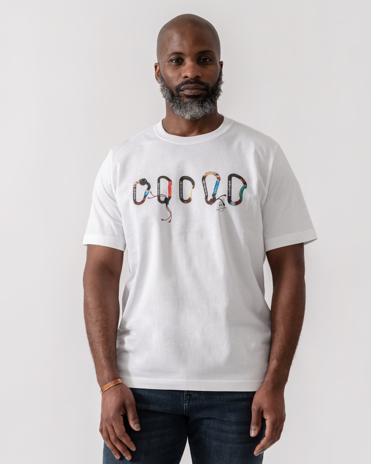 Model wearing PS Paul Smith Mens Regular Fit Carabiner T-Shirt in 01 White - Main