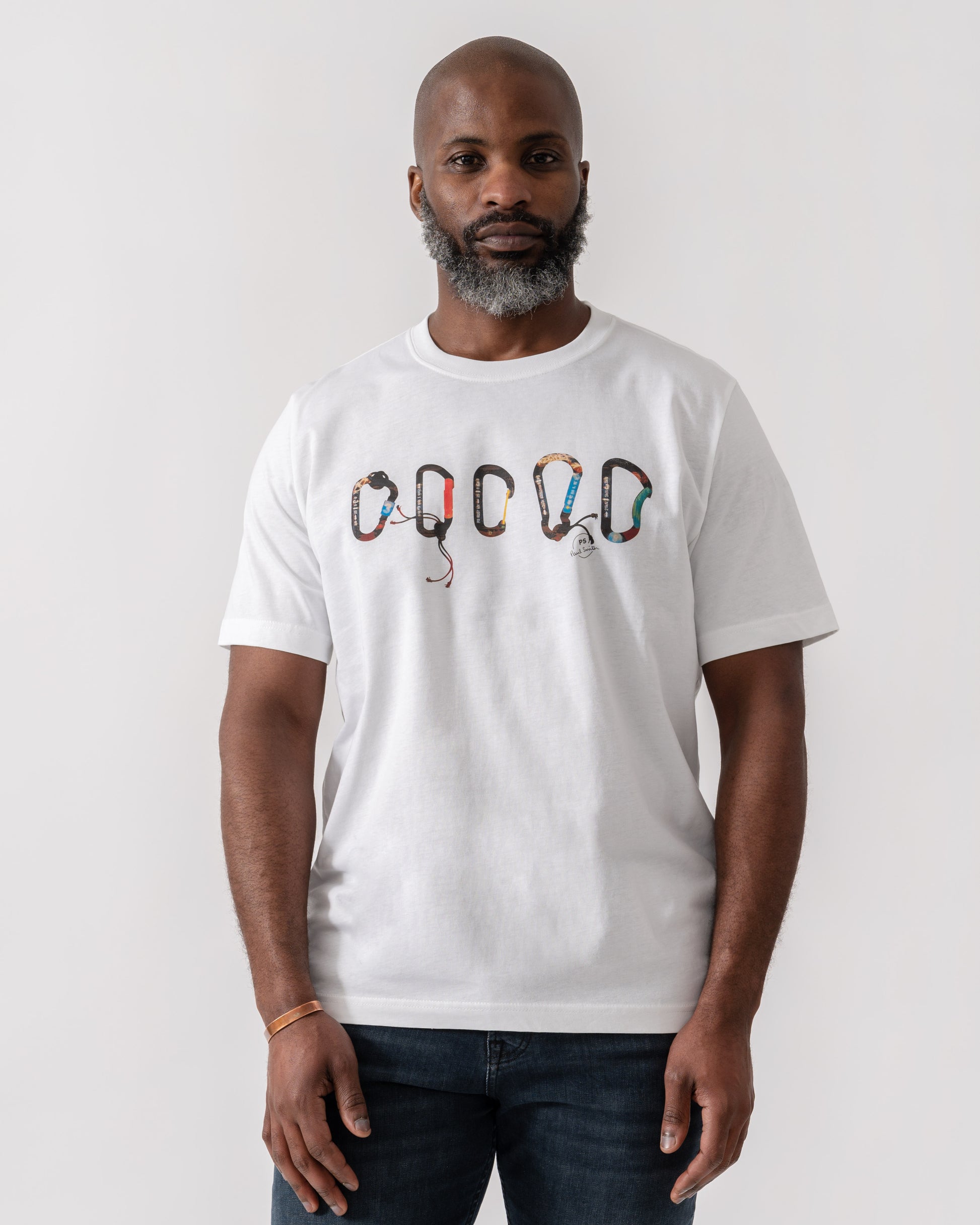 Model wearing PS Paul Smith Mens Regular Fit Carabiner T-Shirt in 01 White - Main