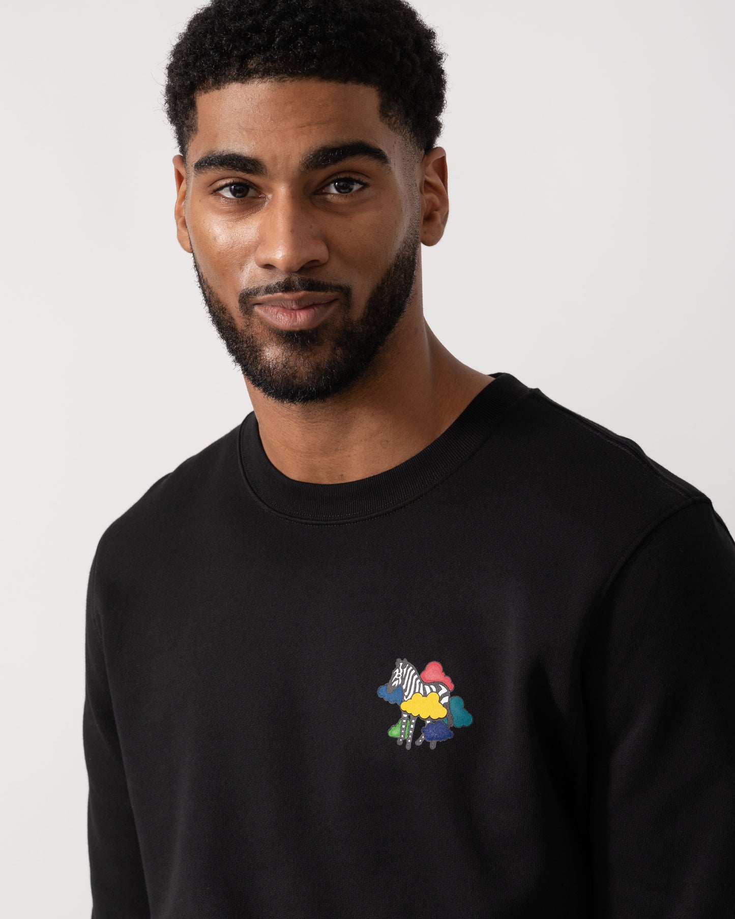 Model wearing a PS Paul Smith Mens Regular Fit Cloud Zebra Sweatshirt in 79 Black - Detail