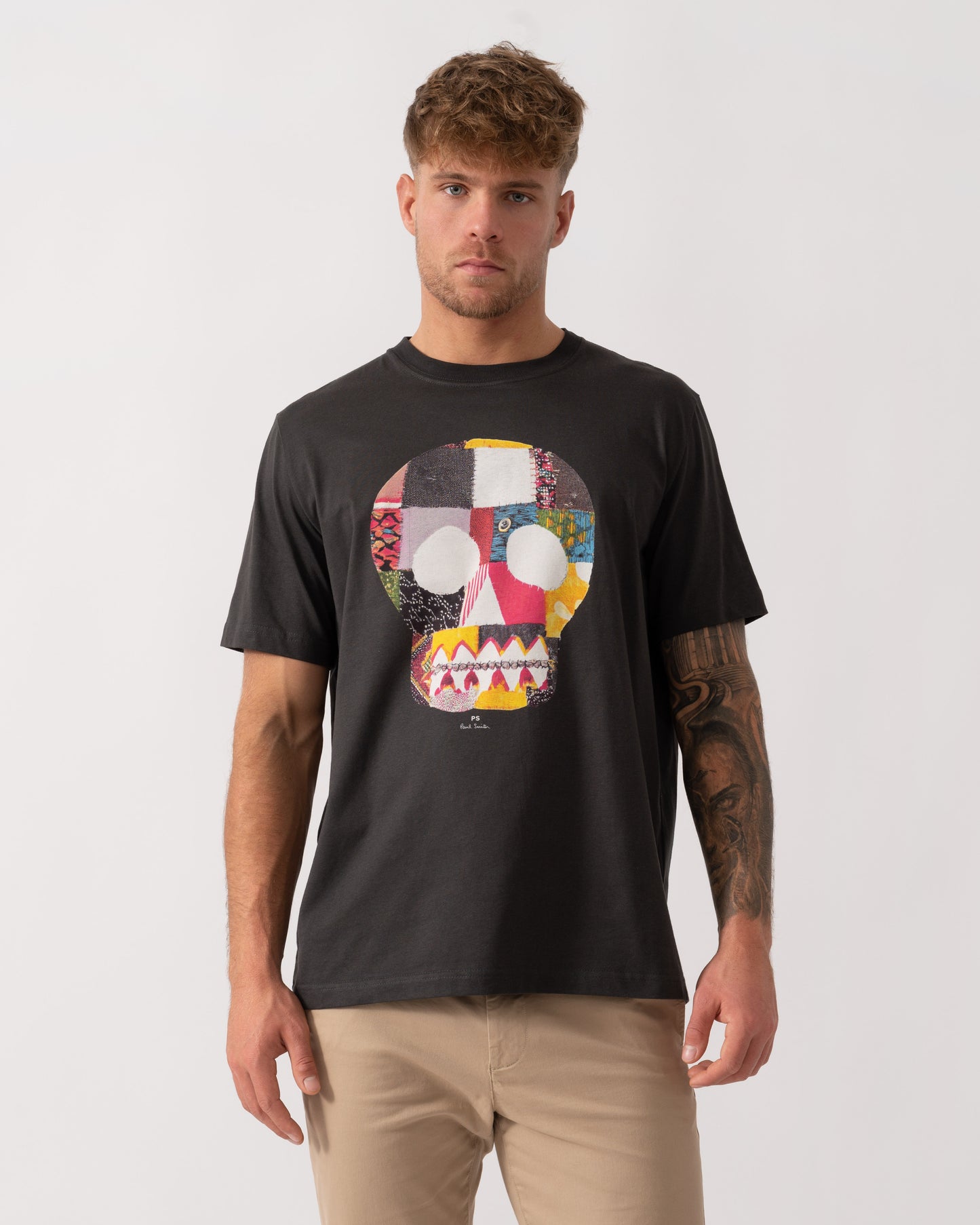Model wearing PS Paul Smith Mens Regular Fit Fabric Skull T-Shirt in 76 Grey - Main