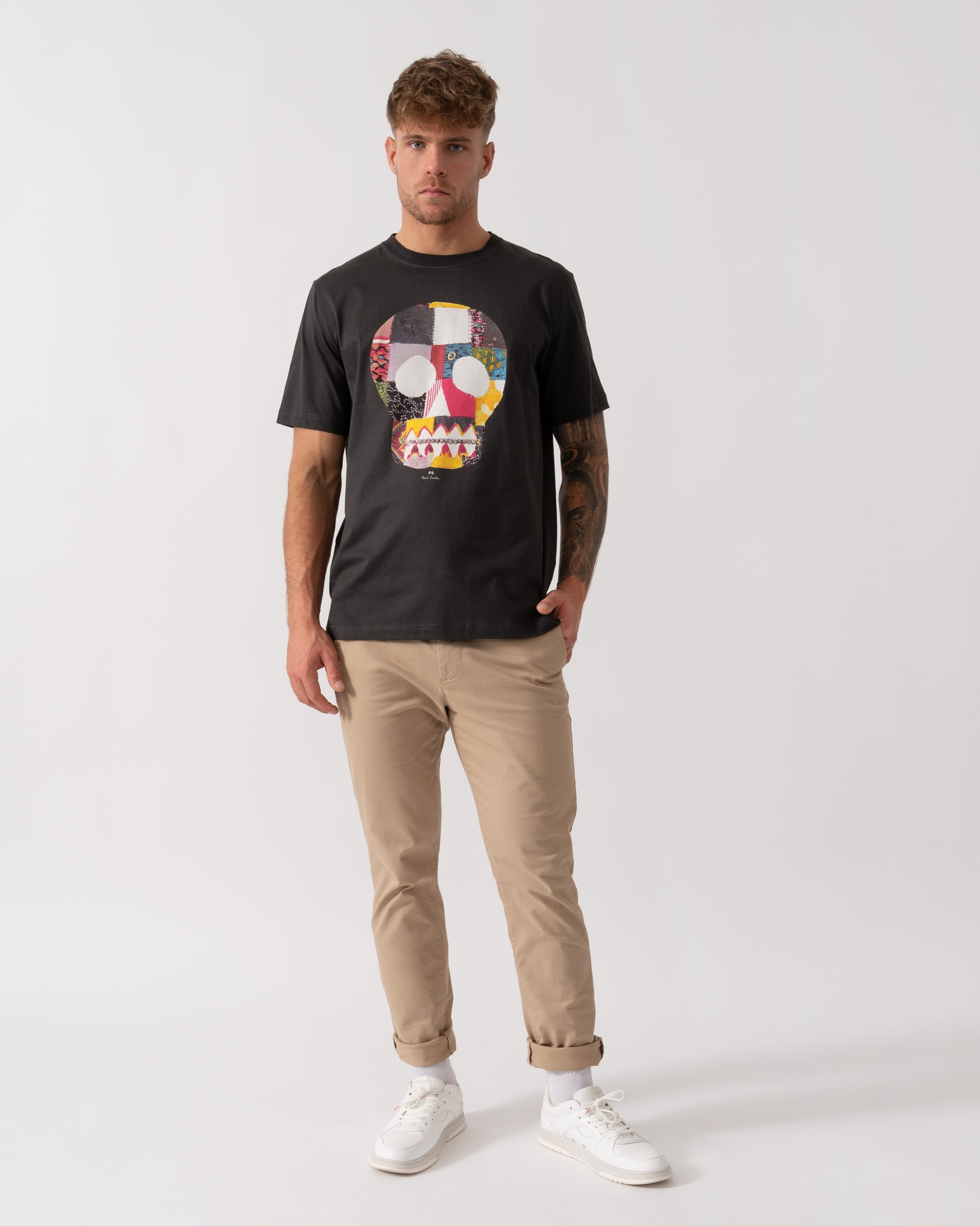 Model wearing PS Paul Smith Mens Regular Fit Fabric Skull T-Shirt in 76 Grey - Full Length